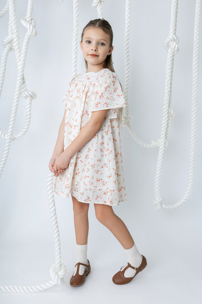 Printed eyelet peach square neck dress by Noma