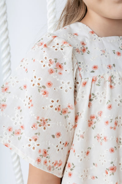 Printed eyelet peach square neck dress by Noma