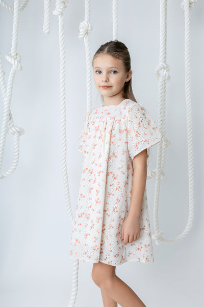 Printed eyelet peach square neck dress by Noma