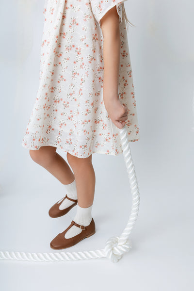 Printed eyelet peach square neck dress by Noma