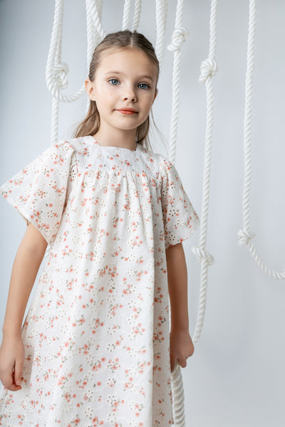 Printed eyelet peach square neck dress by Noma