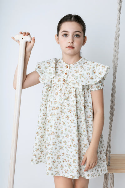 Shoulder frill beige floral dress by Noma