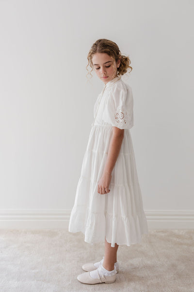 Doily applique white voile midi dress by Petite Amalie