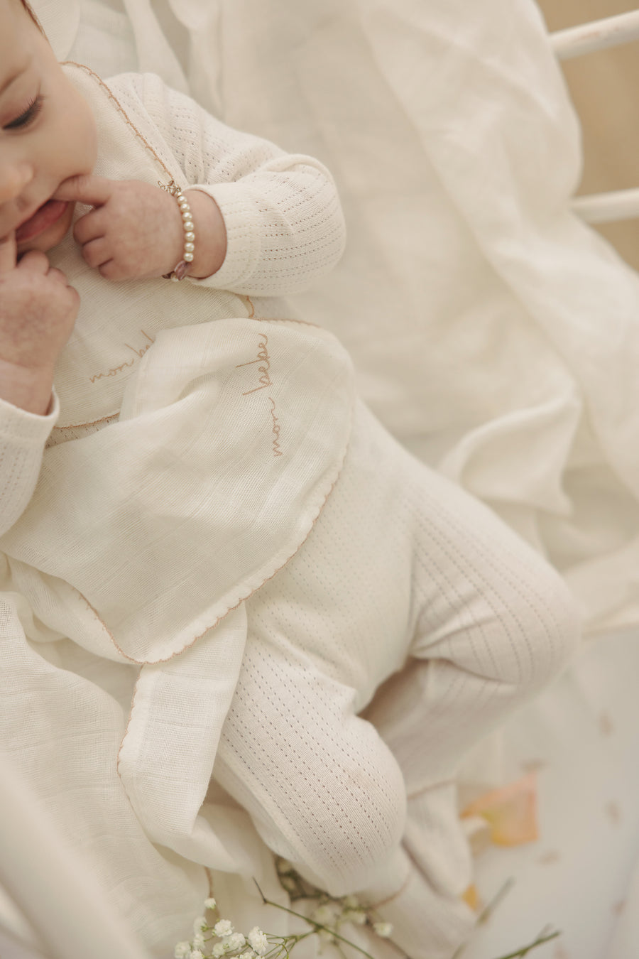 Edged collar white/blush layette set by Lilette