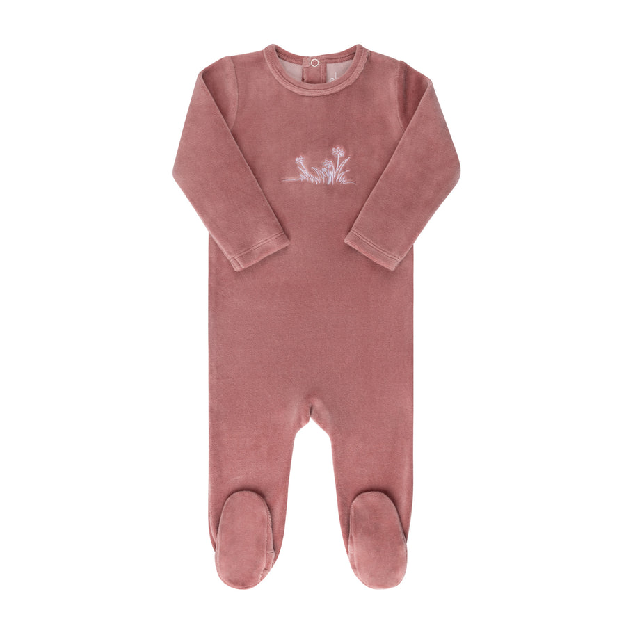 Embroidered flowers pink velour footie by Ely's & Co