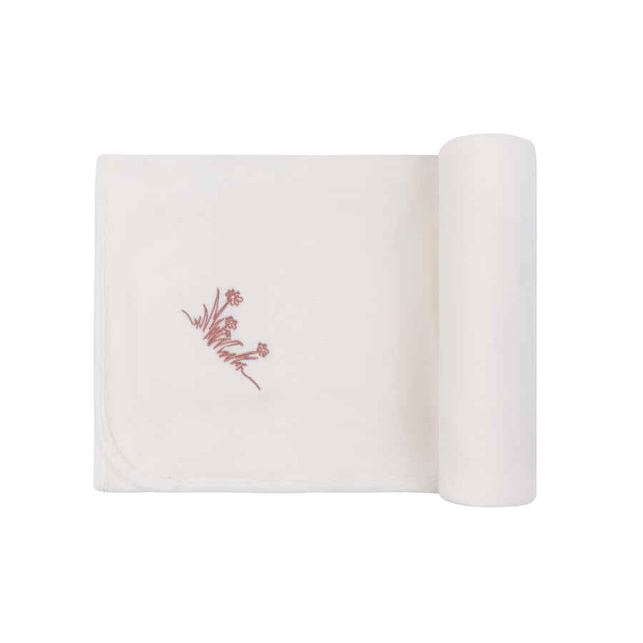 Embroidered flowers ivory velour blanket by Ely's & Co