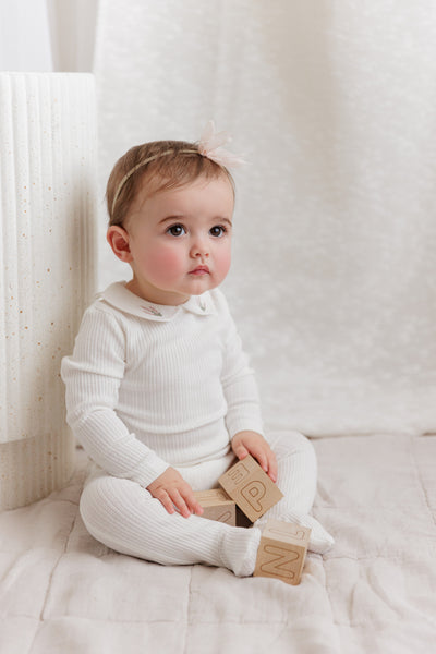 Embroidered collar ivory heather footie + bonnet by Ely's & Co