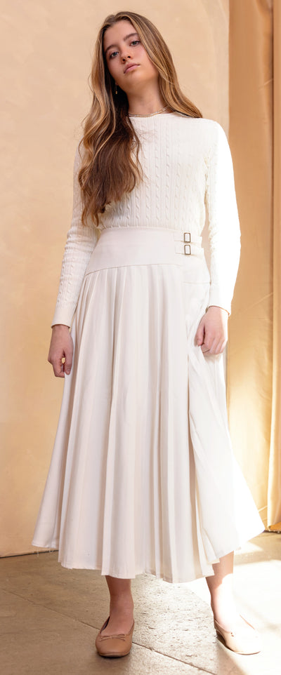 Cream pleated buckle skirt by Coco Blanc