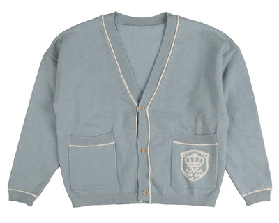 Slub contrast blue binding emblem cardigan by Belati