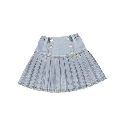 Low cut blue denim pleated skirt by Bace