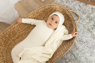 Carriage ivory pointelle footie + beanie by Bee & Dee