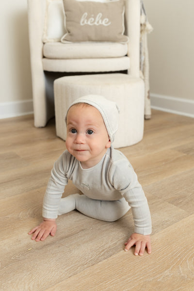 Bow wreath blue velour footie + beanie by Bee & Dee