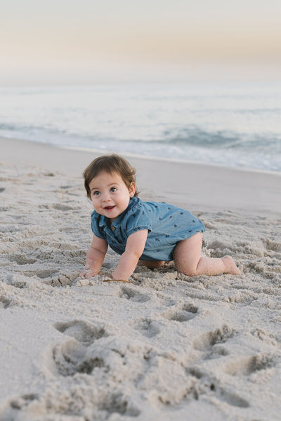 Denim floral print romper by Lil Leggs