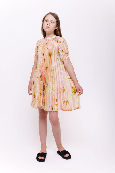 Pleated nude floral dress by Christina Rohde