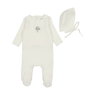 Center embossed white boys footie + bonnet by Bee & Dee