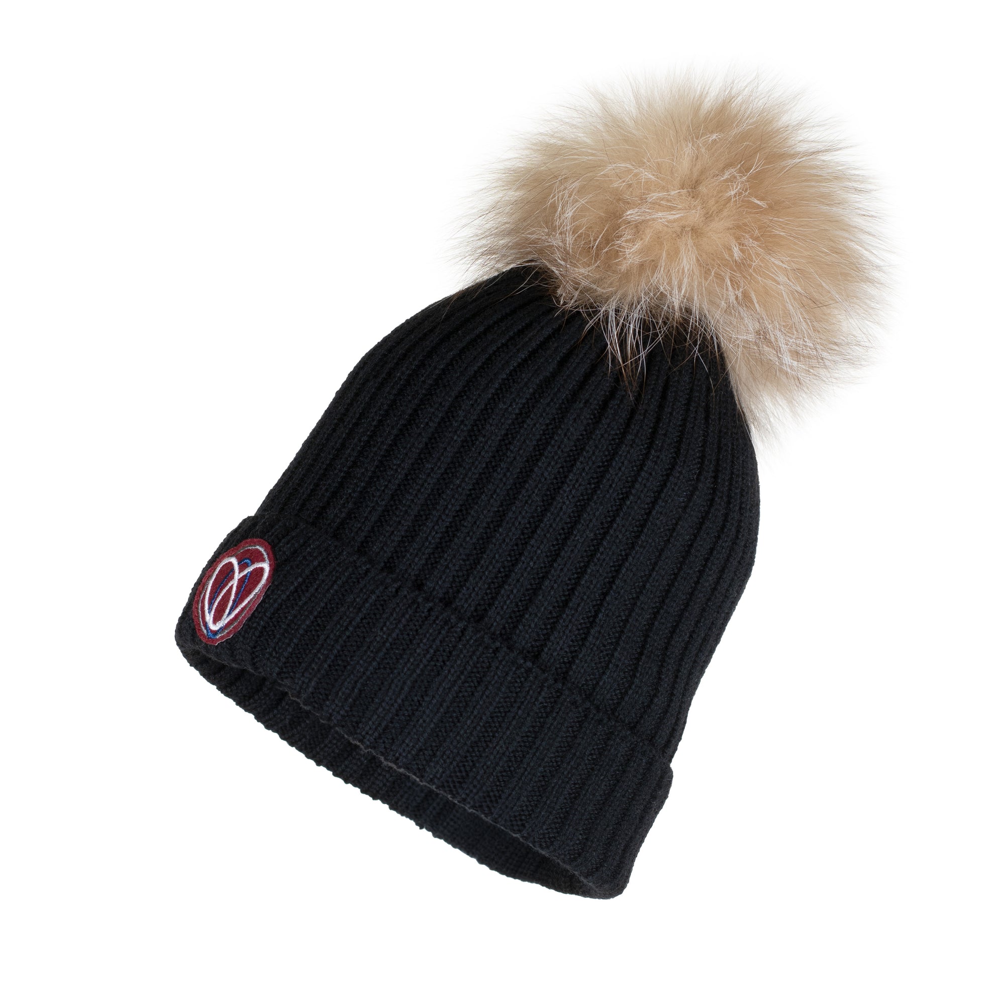 Black hat with brown pom pom on sale