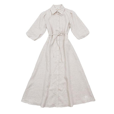 Tie belt tan linen dress by Alexandre Laurent