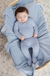 Rib blue velour footie + hat by Kipp Baby