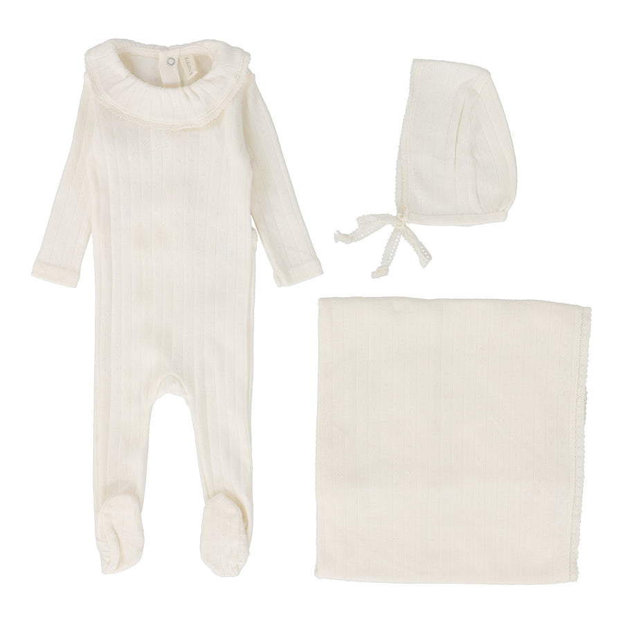 Fine pointelle milk ruffle layette set by Lilette