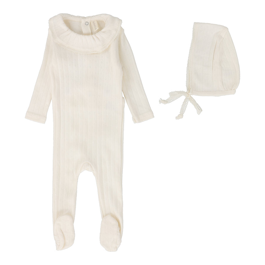 Ruffle collar milk pointelle footie set by Lilette