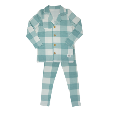 Large blue plaid grandpa collar pajama by Little Label