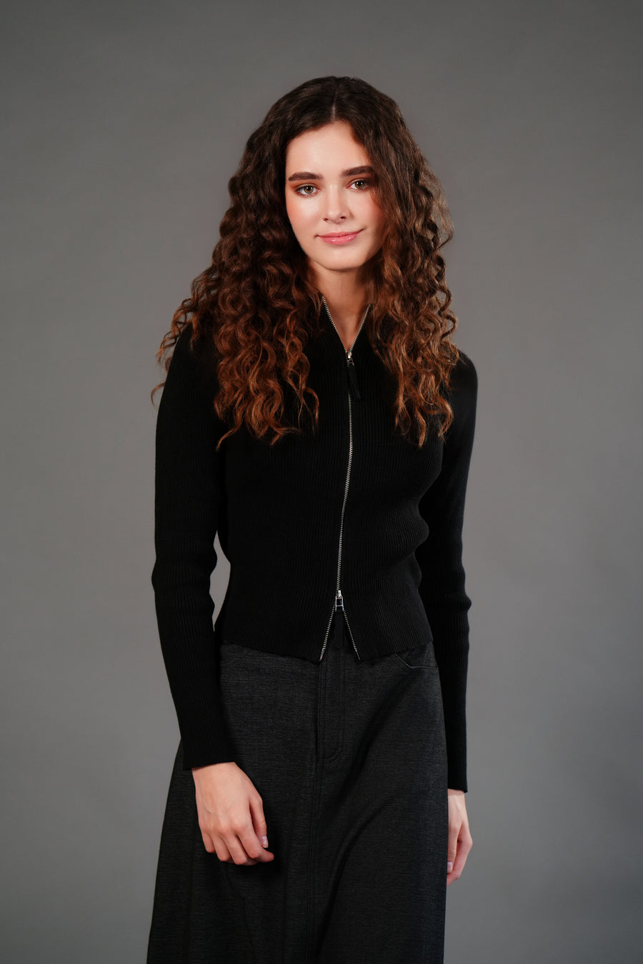 Zipper ribbed black cardi by Luna Mae