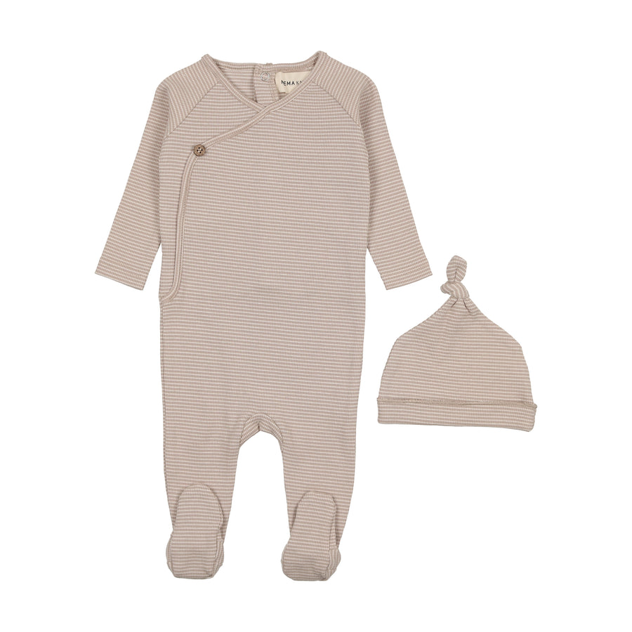 Taupe stripe footie + beanie by Mema Knits