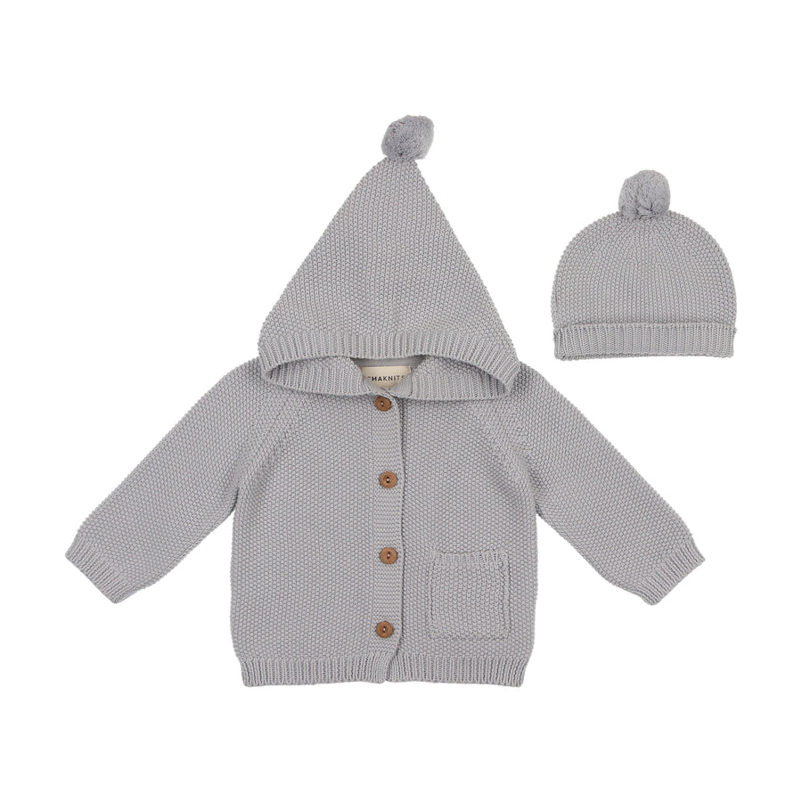 Light blue hooded sweater + beanie by Mema Knits