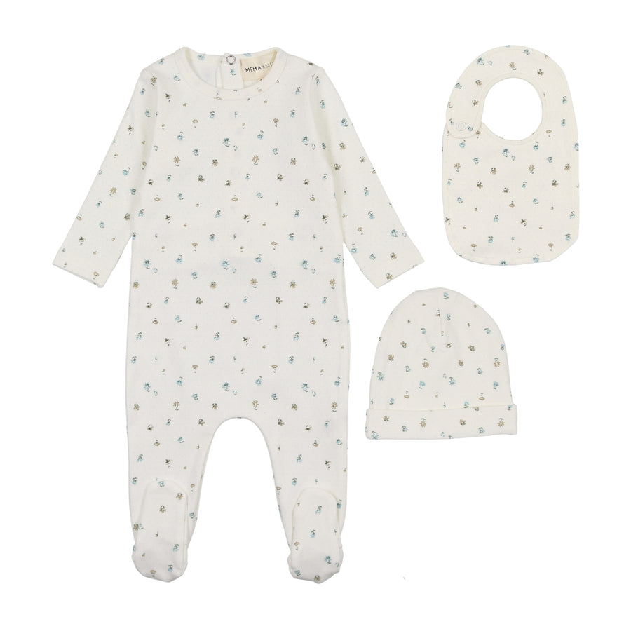 Polka dot blue floral footie + beanie & bib by Mema Knits