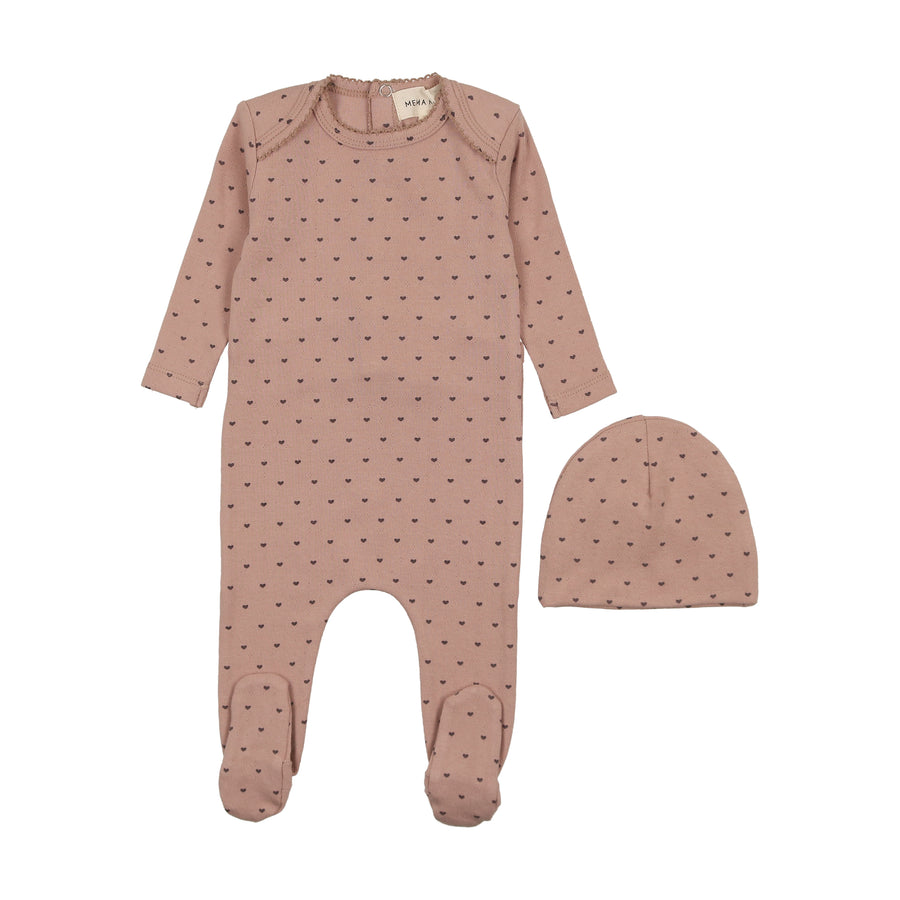 Heart pointelle pink footie + beanie by Mema Knits