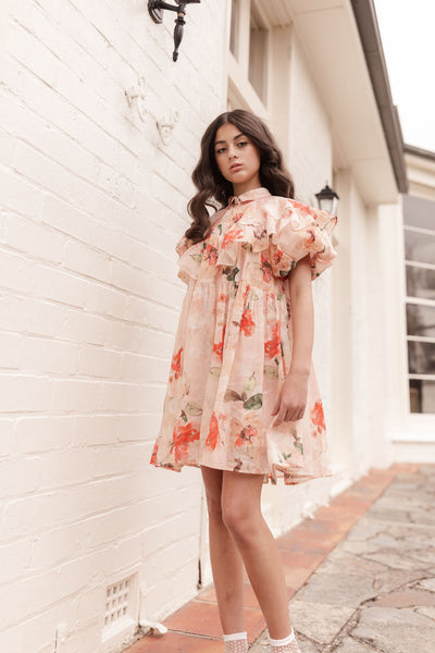 Peach peony linen collar dress by Petite Amalie