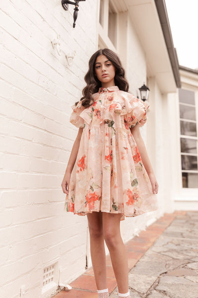 Peach peony linen collar dress by Petite Amalie