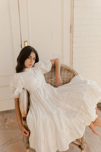 Doily applique white voile midi dress by Petite Amalie