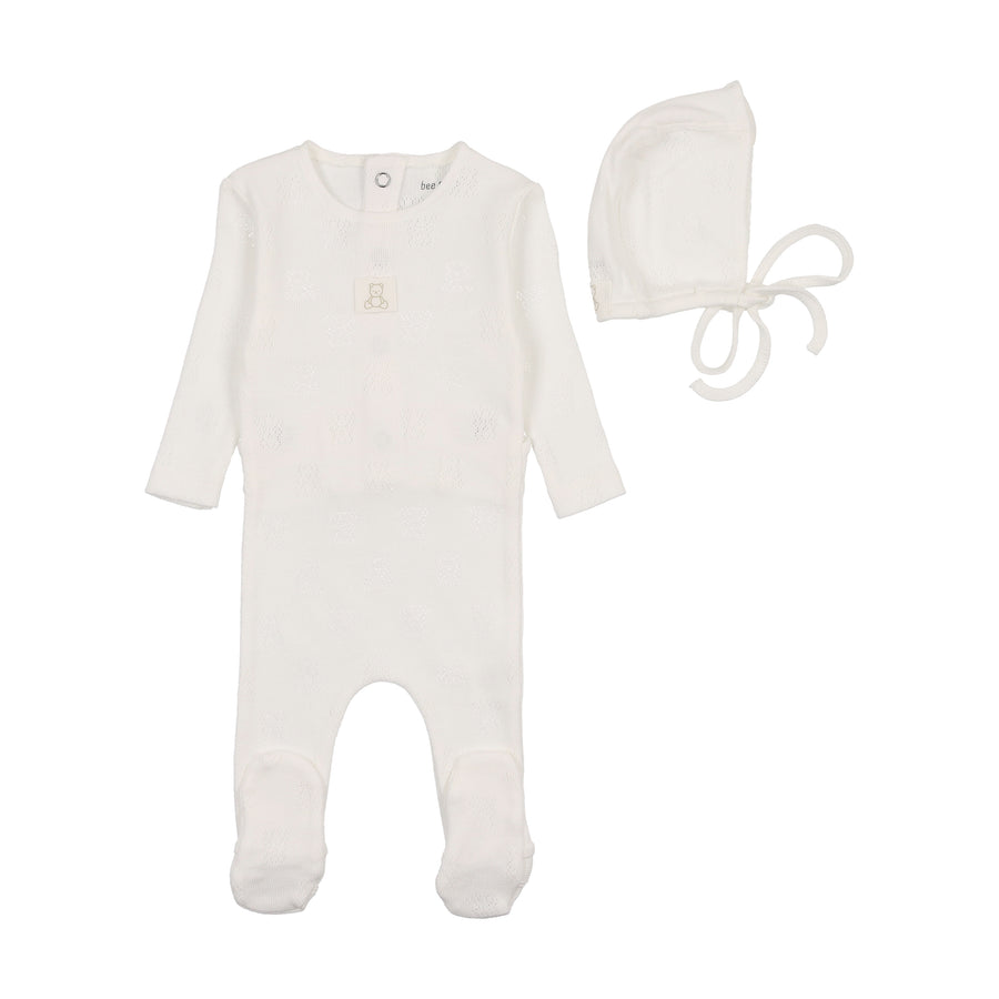 Petit ourse white pointelle footie + bonnet by Bee & Dee