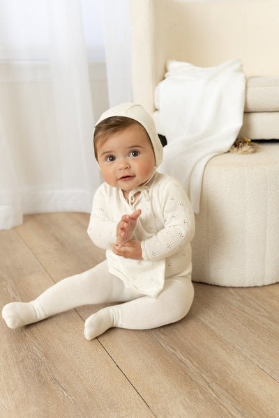 Pointelle knit ivory set + bonnet + blanket by Bee & Dee