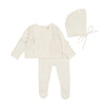 Pointelle white wrap cardigan footie + bonnet by Bee & Dee