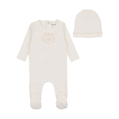 Ribbon applique white footie + beanie by Bee & Dee