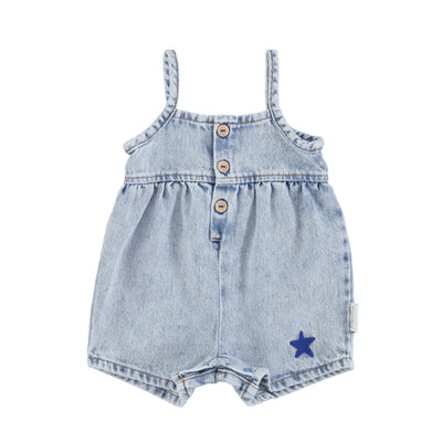 Washed blue denim overall romper by Piupiuchick