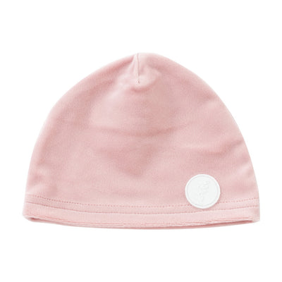 Leaf motif pink velour footie + hat by Kipp Baby