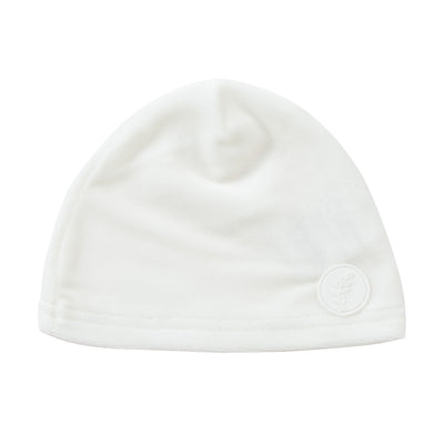 Leaf motif white velour footie + hat by Kipp Baby