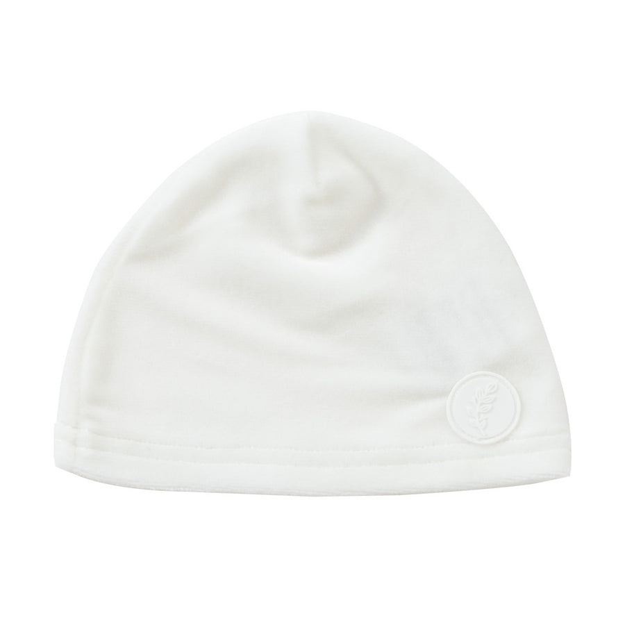 Leaf motif white velour footie + hat by Kipp Baby