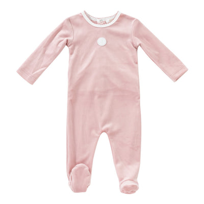 Leaf motif pink velour footie + hat by Kipp Baby