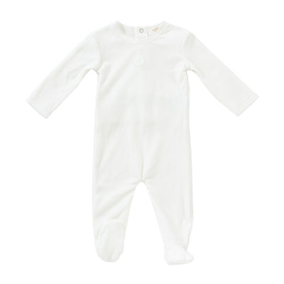 Leaf motif white velour footie + hat by Kipp Baby