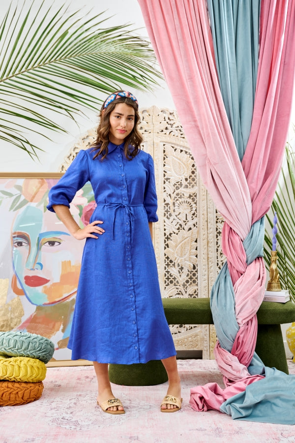 Tie belt royal blue linen dress by Alexandre Laurent