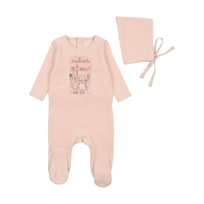 Window print pink velour footie + bonnet by Bee & Dee