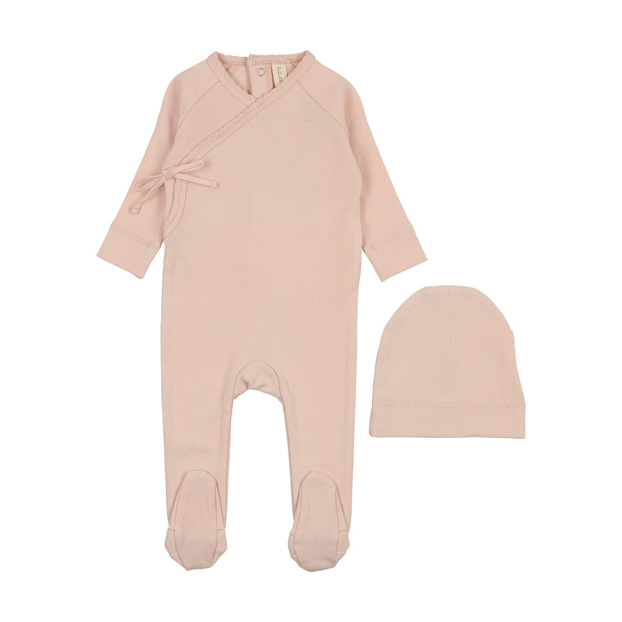 Wrap over pale pink footie set by Lilette