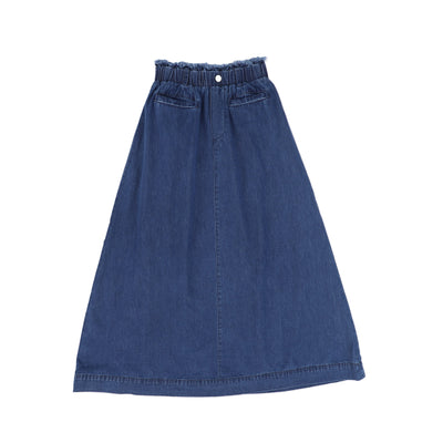 Fringe waist blue denim maxi skirt by Bace