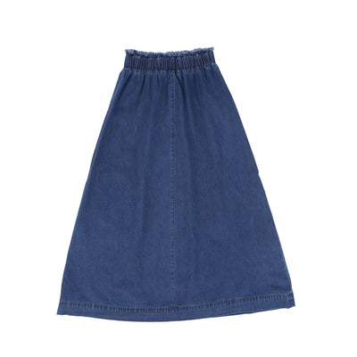 Fringe waist blue denim maxi skirt by Bace