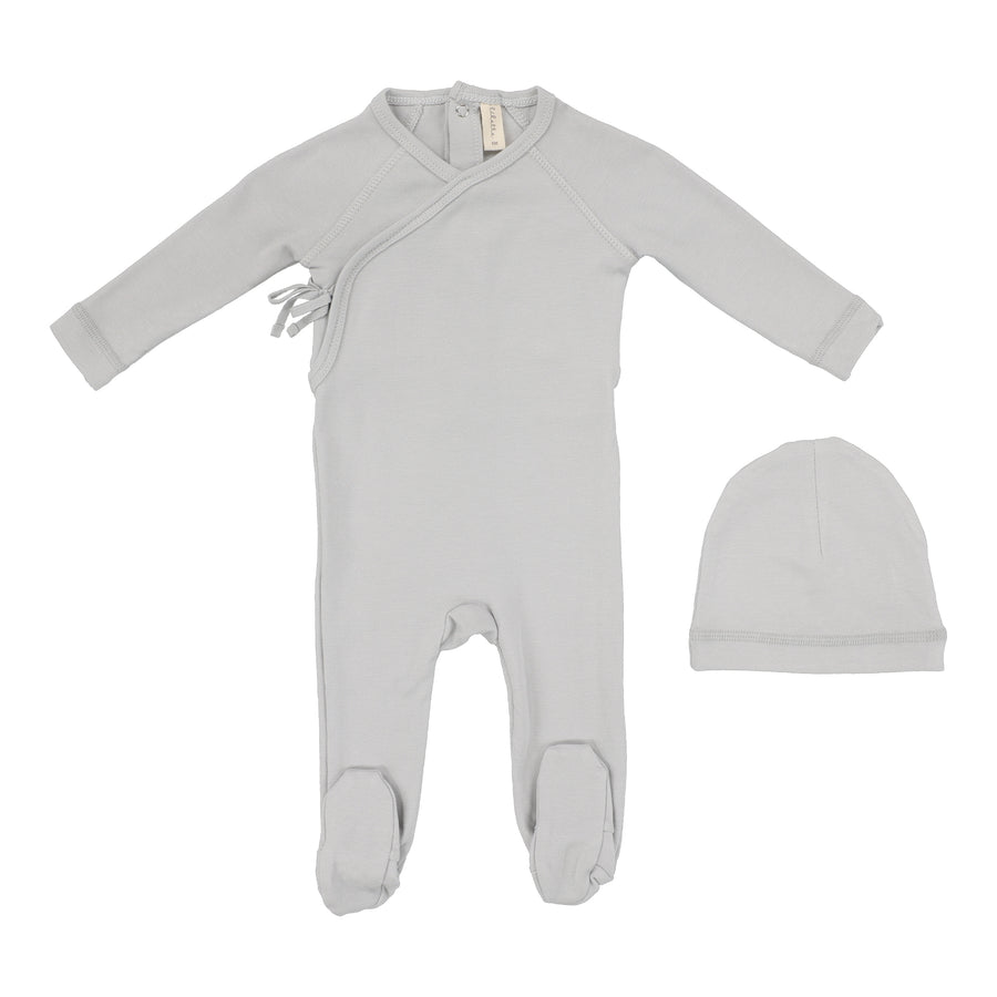 Wrap over pale blue footie set by Lilette