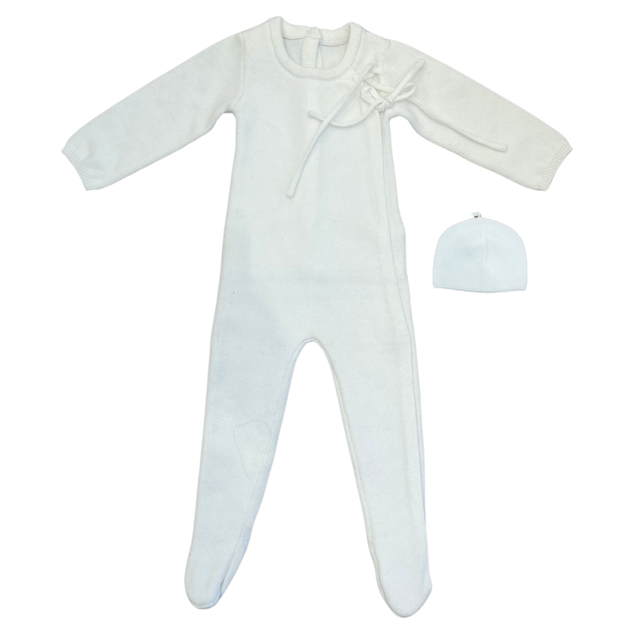 Knit white wrap footie + hat by Kipp Baby